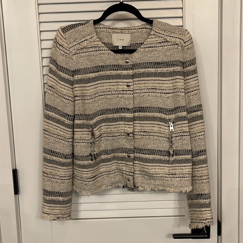 IRO Lizzie White Stripe Tweed Frayed Jacket sz 3 - Picture 8 of 11
